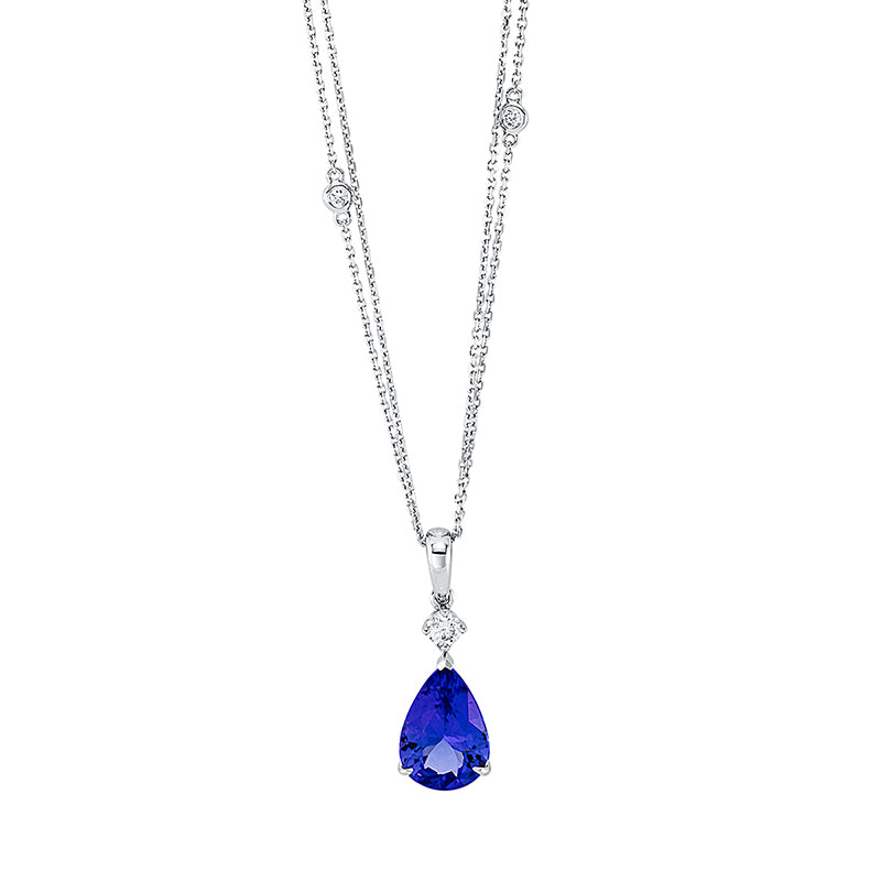 Collier 18 kt WG, mit ZÖ 40 cm + 43 cm, 1 Brill. 0,16 ct, TW-si, 4 Brill. 0,10 ct, TW-si, 1 Tansanit 3,97 ct blau
