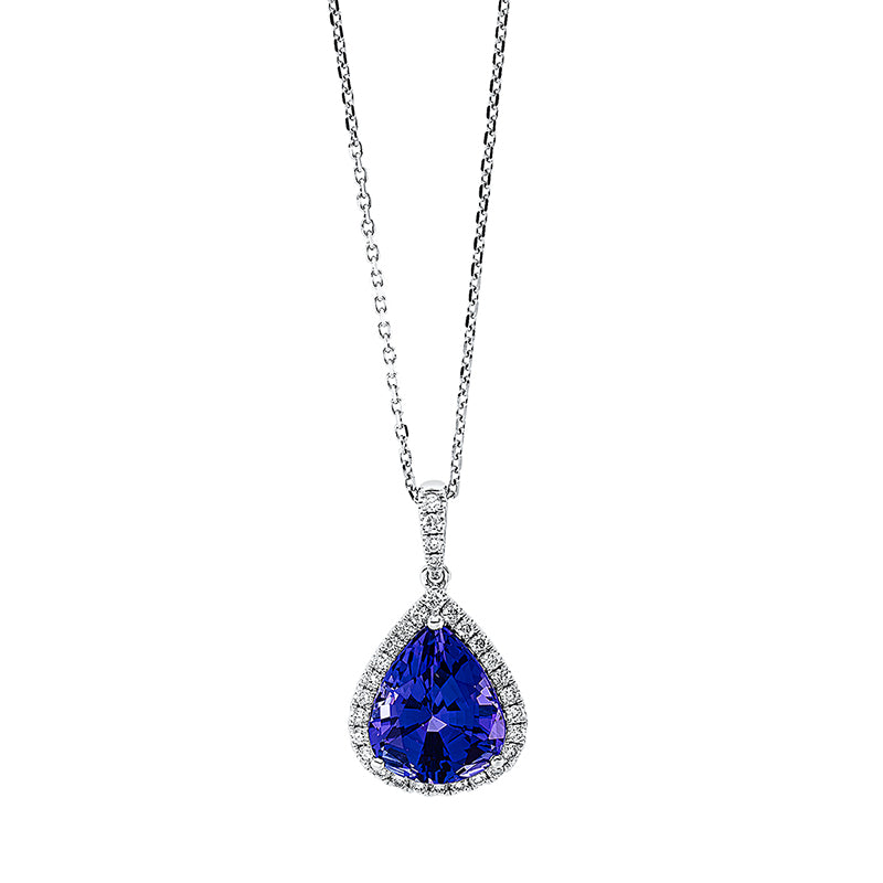 Collier 18 kt WG, mit ZÖ 40 cm + 43 cm, 30 Brill. 0,27 ct, TW-si, 1 Tansanit 4,91 ct blau