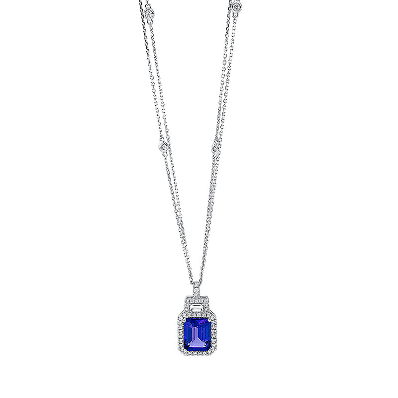 Collier 18 kt WG, mit ZÖ 40 cm + 43 cm, 1 Bag. 0,13 ct, TW-si, 44 Brill. 0,41 ct, TW-si, 1 Tansanit 3,50 ct blau