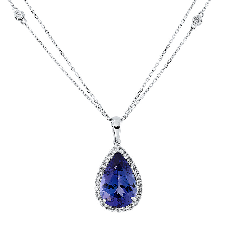 Collier 18 kt WG, mit ZÖ 40 cm + 43 cm, 31 Brill. 0,63 ct, TW-si, 1 Tansanit 7,26 ct blau