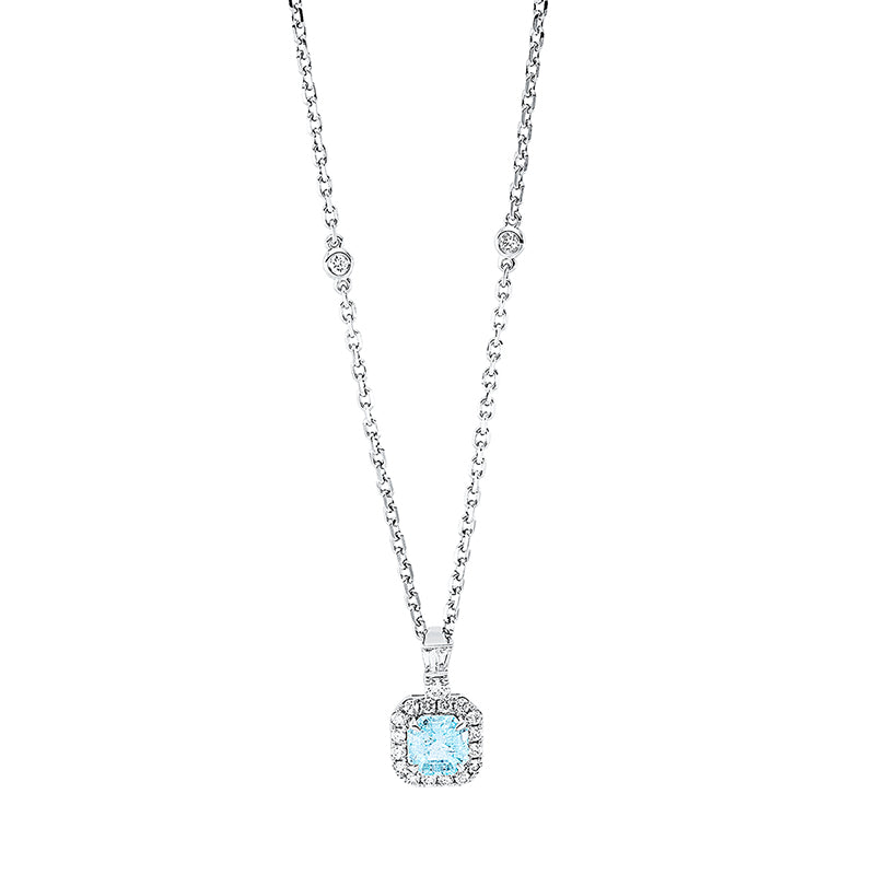 Collier 18 kt WG, mit ZÖ 40 cm + 43 cm, 2 Bag. 0,06 ct, TW-si, 19 Brill. 0,35 ct, TW-si, 1 Paraiba 1,34 ct blau