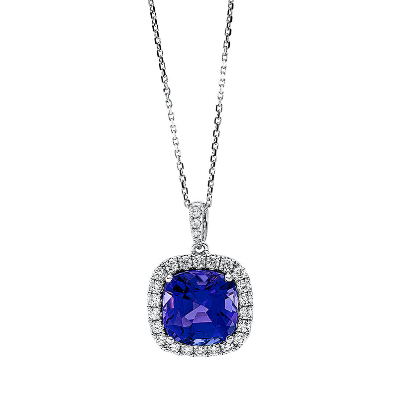 Collier 18 kt WG, mit ZÖ 40 cm + 43 cm, 26 Brill. 0,60 ct, TW-si, 1 Tansanit 6,95 ct blau