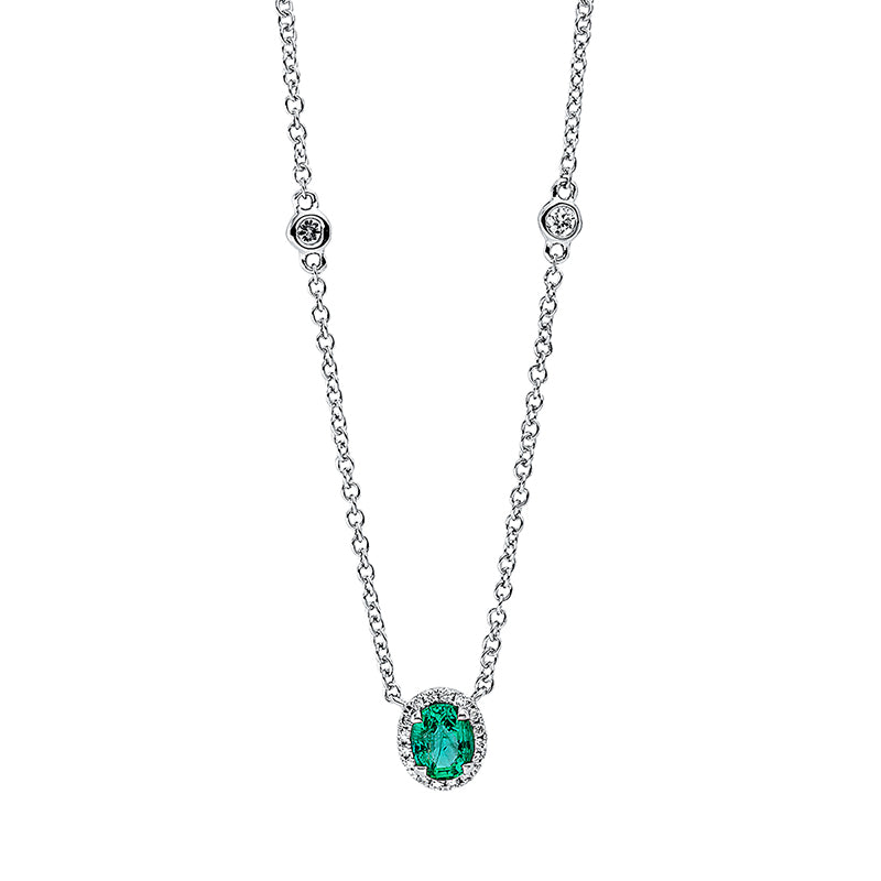 Collier 18 kt WG, 18 Brill. 0,10 ct, TW-si, 1 Smaragd 0,32 ct grün