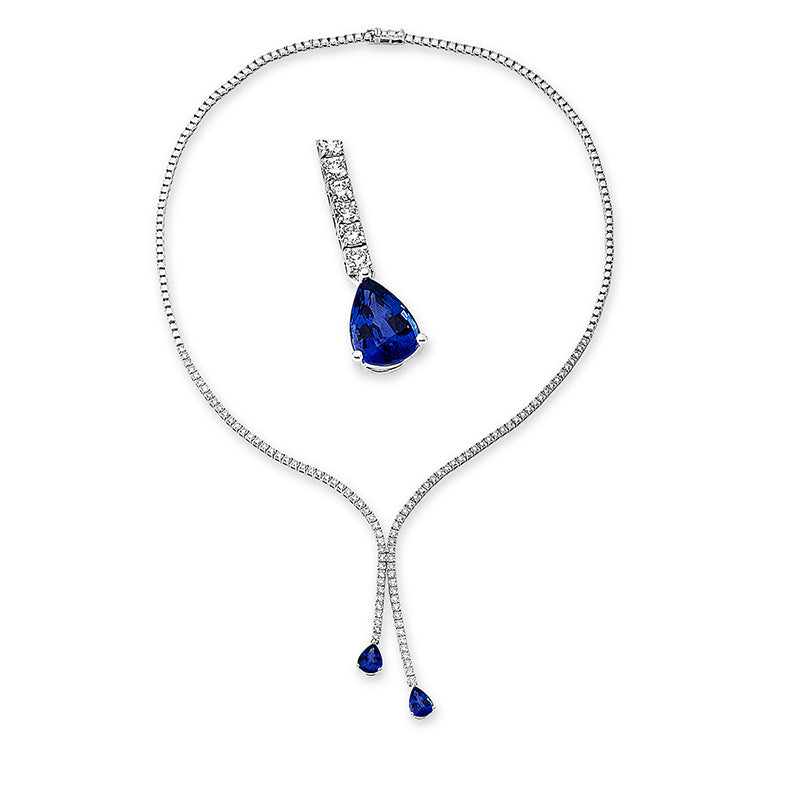Collier 18 kt WG, 99 Brill. 2,96 ct, TW-vsi, 2 Saphire 2,85 ct blau