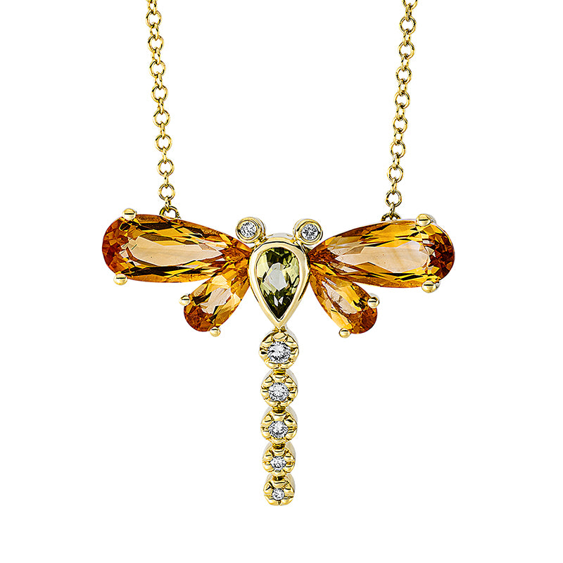 Collier 18 kt GG, mit ZÖ 40 cm, 7 Brill. 0,08 ct, TW-si, 1 Peridot 0,20 ct grün, 4 Citrin 2,30 ct gelb