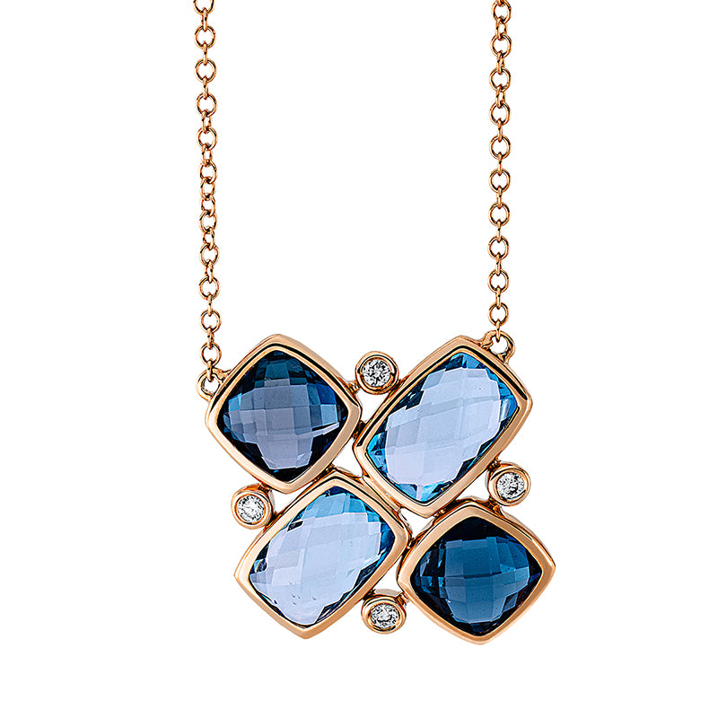 Collier 18 kt RG, mit ZÖ 40 cm, 4 Brill. 0,06 ct, TW-si, 2 Topase 2,80 ct blau, 2 Topase 2,30 ct Lond. blue