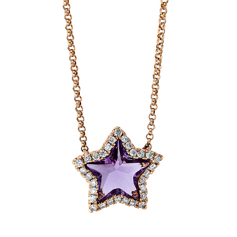 Collier 18 kt RG, mit ZÖ 40 cm, 30 Brill. 0,17 ct, TW-si, 1 Amethyst 1,10 ct lila