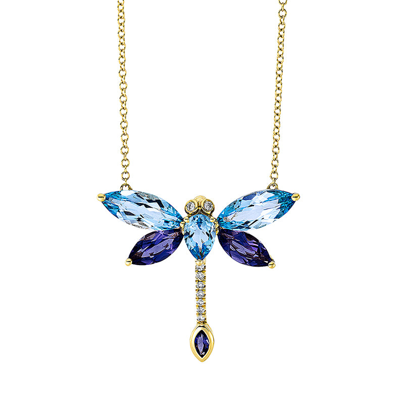 Collier 18 kt GG, mit ZÖ 40 cm, 9 Brill. 0,07 ct, TW-si, 1 Topas 0,50 ct blau, 2 Topase 2,70 ct blau, 3 Iolith 1,10 ct blau