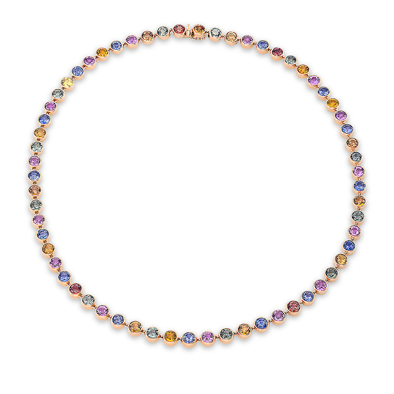 Collier 18 kt RG, 15 Saphire 6,92 ct pink, 47 Saphire 24,51 ct multicolor