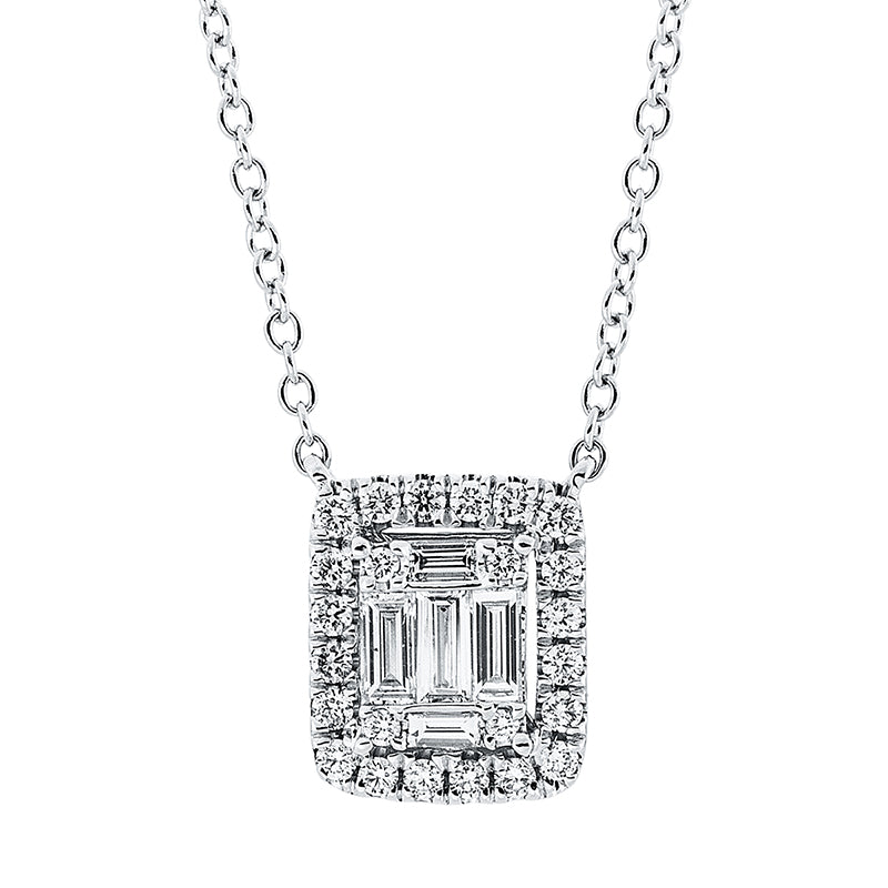 Collier 18 kt WG, 20 Brill. 0,17 ct, TW-si, 2 Bag. 0,06 ct, TW-si, 3 Bag. 0,18 ct, TW-si, 4 Brill. 0,02 ct, TW-si