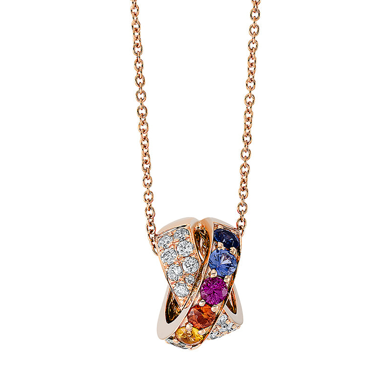 Collier 18 kt RG, mit ZÖ 40 cm, 16 Brill. 0,33 ct, TW-si, 7 Saphire 1,01 ct fancy