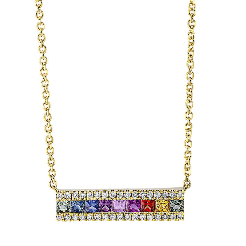 Collier 18 kt GG, mit ZÖ 40 cm, 34 Brill. 0,14 ct, TW-si, 9 Saphire 0,57 ct fancy