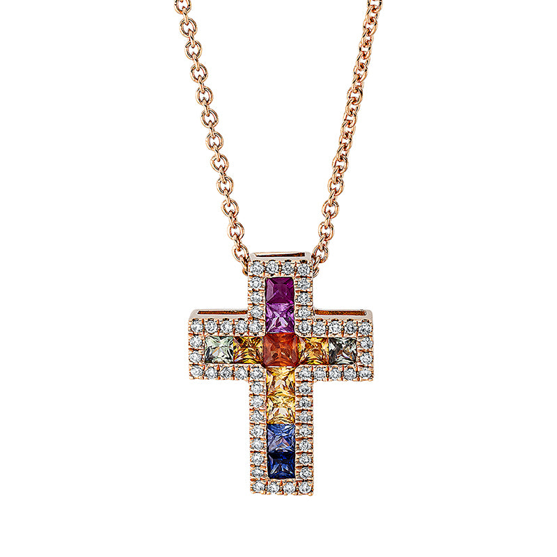 Collier 18 kt RG, mit ZÖ 40 cm, 52 Brill. 0,16 ct, TW-si, 11 Saphire 0,69 ct fancy