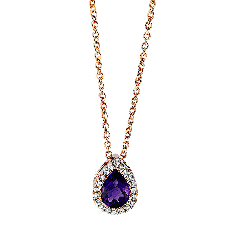 Collier 18 kt RG, mit ZÖ 40 cm, 20 Brill. 0,11 ct, TW-si, 1 Amethyst 0,63 ct lila