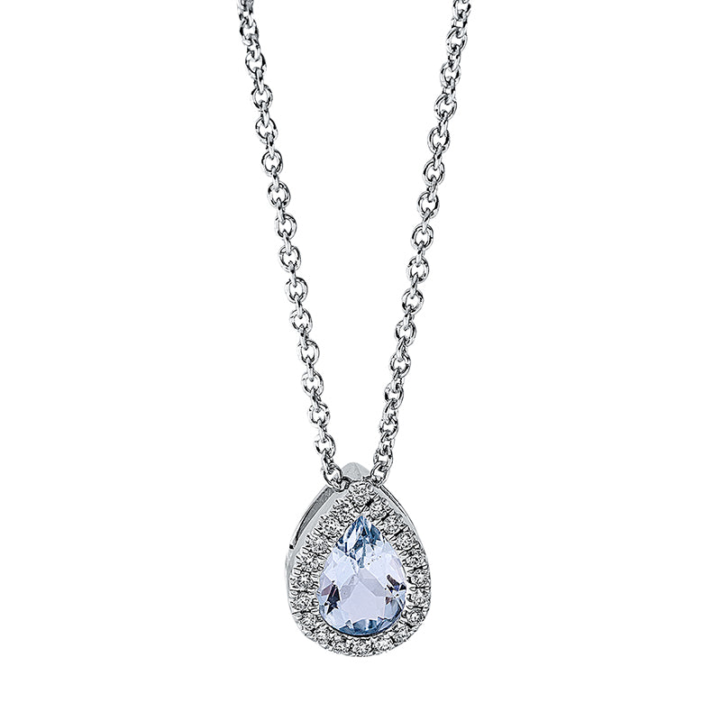 Collier 18 kt WG, mit ZÖ 40 cm, 20 Brill. 0,10 ct, TW-si, 1 Aquamarin 0,55 ct blau