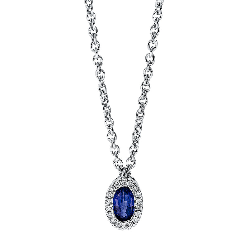 Collier 18 kt WG, mit ZÖ 40 cm, 18 Brill. 0,04 ct, TW-si, 1 Saphir 0,27 ct blau