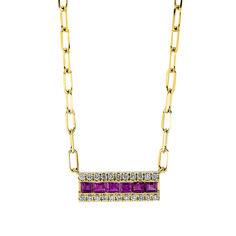 Collier 18 kt GG, mit ZÖ 40 cm, 22 Brill. 0,10 ct, TW-si, 6 Rubine 0,43 ct rot