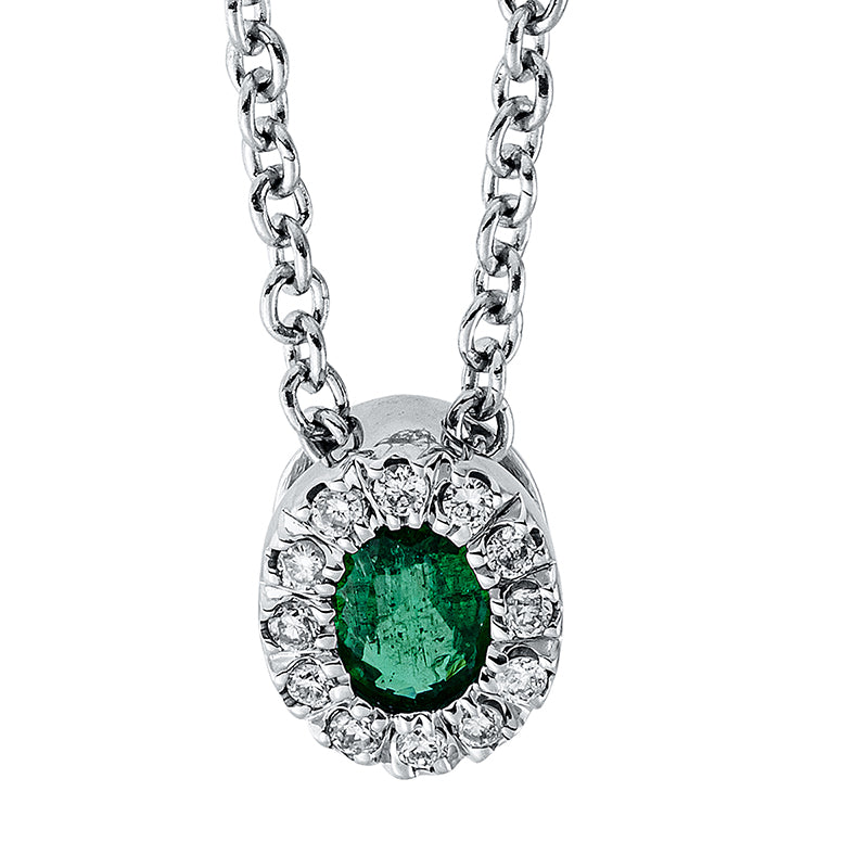 Collier 18 kt WG, mit ZÖ 40 cm, 12 Brill. 0,04 ct, TW-si, 1 Smaragd 0,15 ct grün