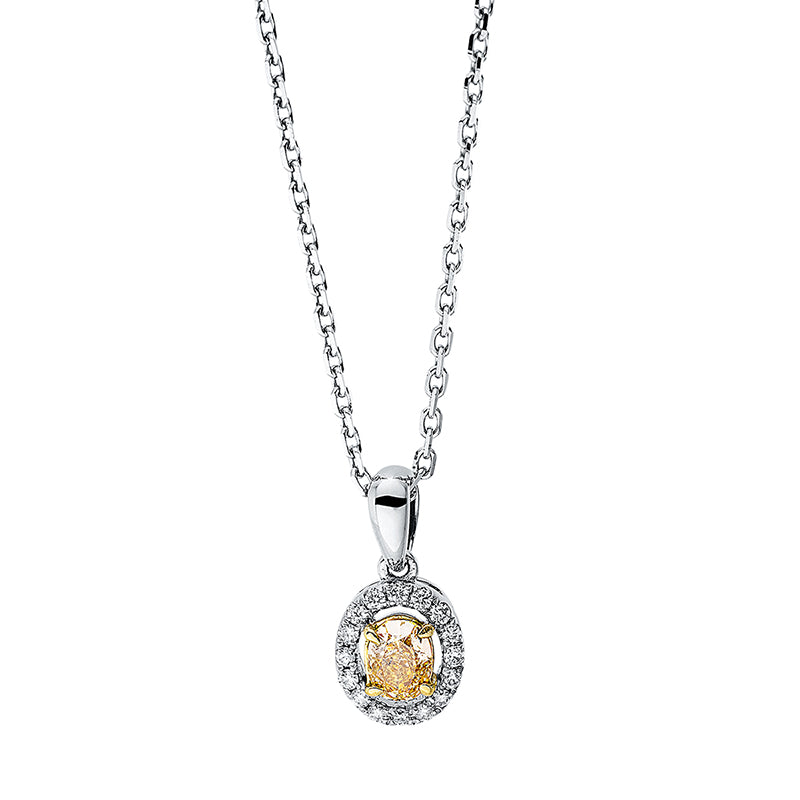 Collier 18 kt WG+GG, mit ZÖ 39 cm + 40,5 cm, 16 Brill. 0,07 ct, TW-si, 1 Oval 0,24 ct, gelb