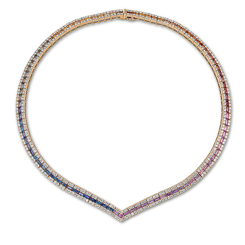 Collier 18 kt RG, 67 Br. 1,47 ct, 26 Br. 0,64 ct, 303 Br. 7,68 ct, TW-vsi, 100 Saphire 15,38 ct multi.