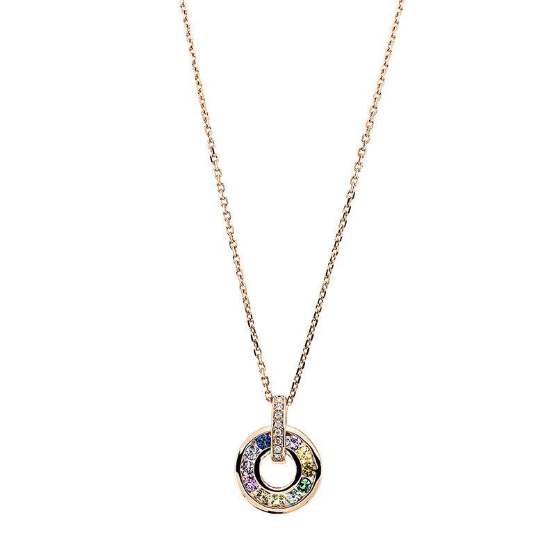 Collier 18 kt RG mit Z 40+43 cm, 8 Brill. 0,04 ct, TW-si,10 Sap 0,50 ct multicoor,1 Tsavorith 0,04 ct grün