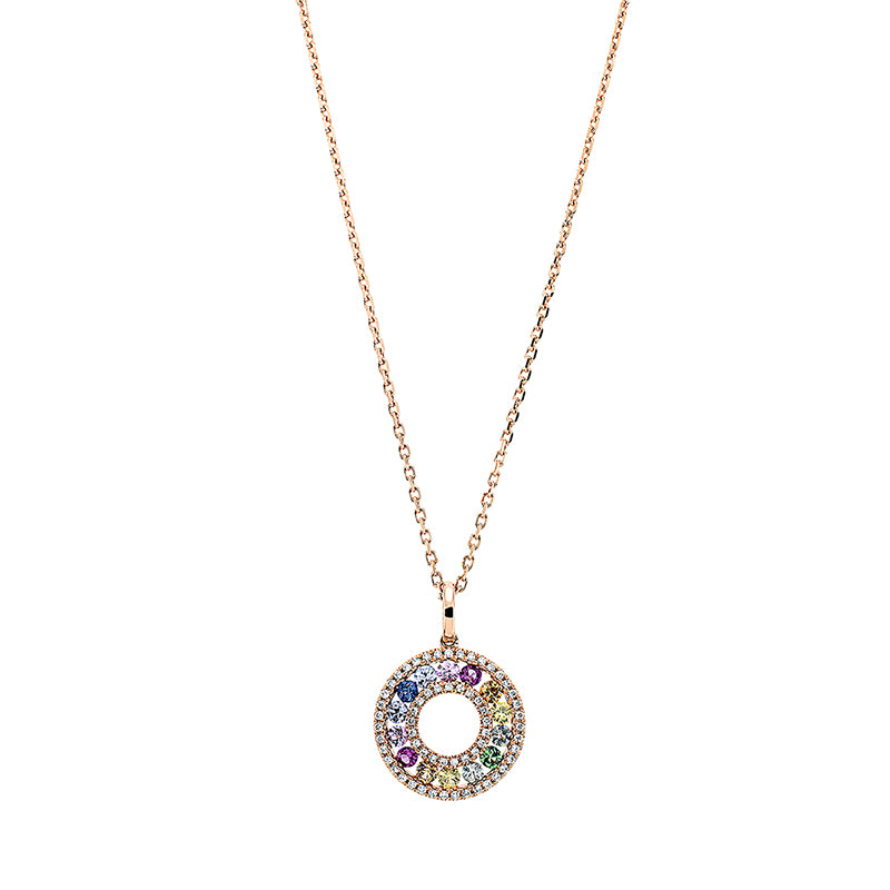 Collier 18 kt RG, Fassung rhodiniert,60 Brill. 0,23 ct, TW-si, 13 Sap 0,64 ct mul,1 Tsavorith 0,06 ct grün