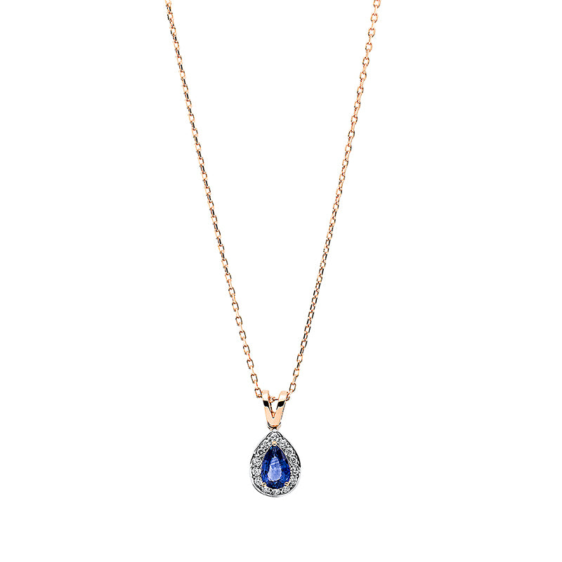 Collier 18 kt RG, mit Öse, 14 Brill. 0,12 ct, F-si, 1 Saphir 0,50 ct blau