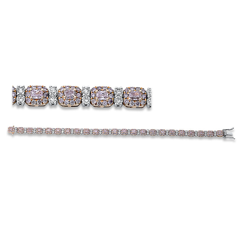 Armband 18 kt RG+WG, 46 Brill. 1,59 ct, TW-si, 23 Cushion 2,09 ct, pink, 230 Brill. 1,81 ct, pink