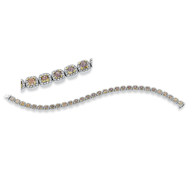 Armband 18 kt WG, gelb rhodiniert, 360 Brill. 1,41 ct, TW-si, 30 Cushion 6,65 ct, gelb