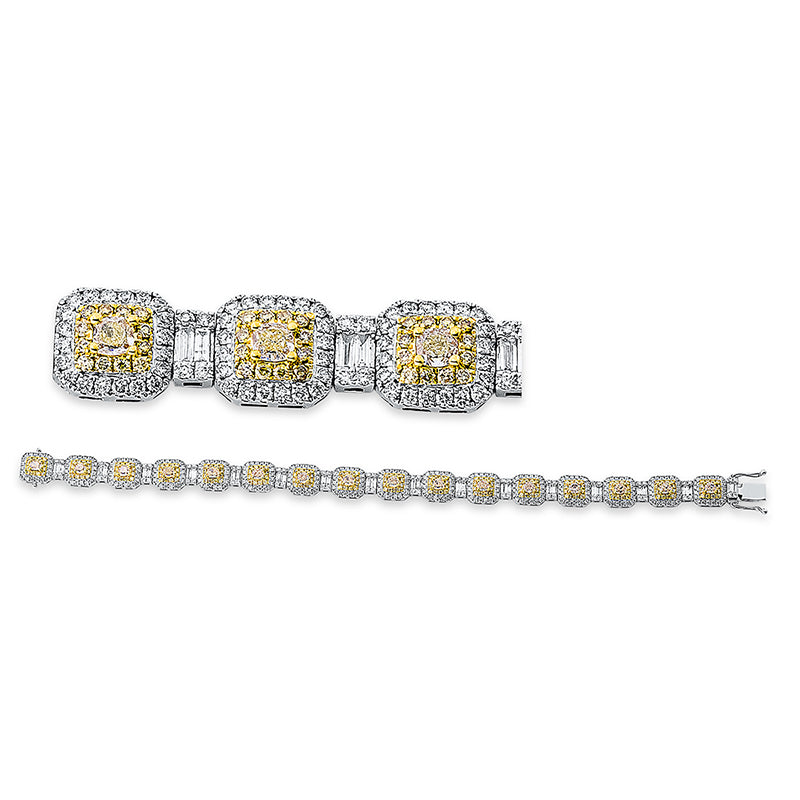 Armband 14 kt WG+GG, 32 Bag. 0,81 ct, 384 Br. 2,90 ct, TW-si, 16 Cus 2,74 ct,192 Brill. 1,42 ct, gelb