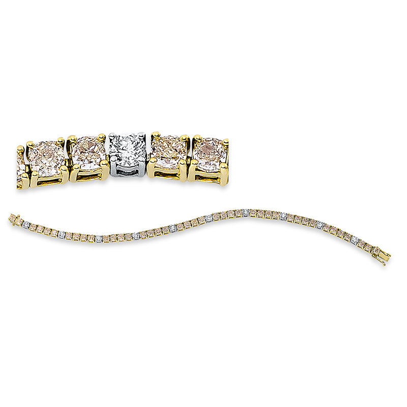 Armband 18 kt GG+WG, 10 Brill. 1,35 ct, TW-si, 41 Cushion 7,61 ct, gelb