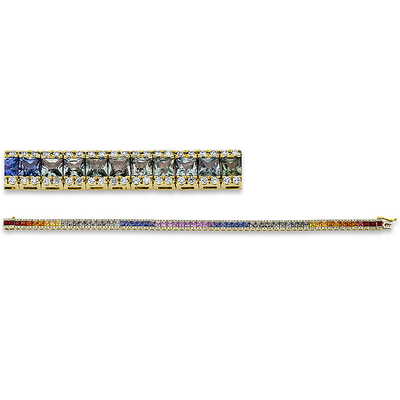 Armband 18 kt GG, 256 Brill. 1,08 ct, TW-si, 64 Saphire 8,50 ct fancy