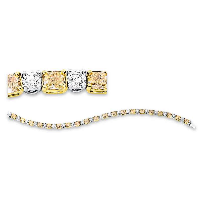Armband 18 kt WG+GG, 20 Brill. 3,72 ct, F-vsi, 20 Cushion 6,72 ct, gelb-vsi