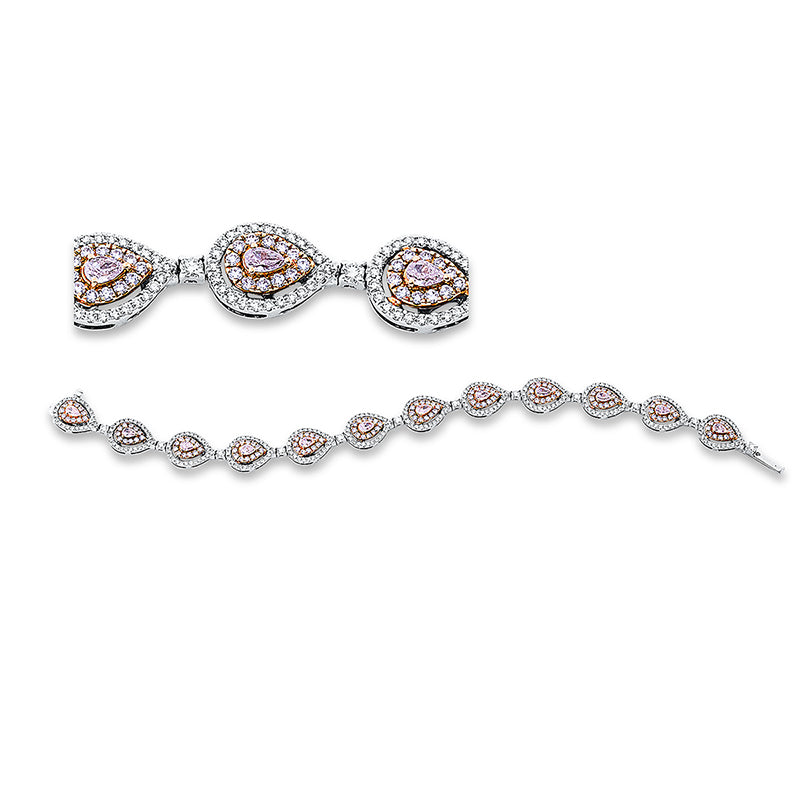 Armband 18 kt WG+RG, 288 Brillanten 1,31 ct, F-vsi, 132 Brillanten 0,97 ct, F-vsi, 12 Brillanten 0,35 ct, F-vsi, 12 Tropfen 1,08 ct, pink-vsi, L:16,5 cm