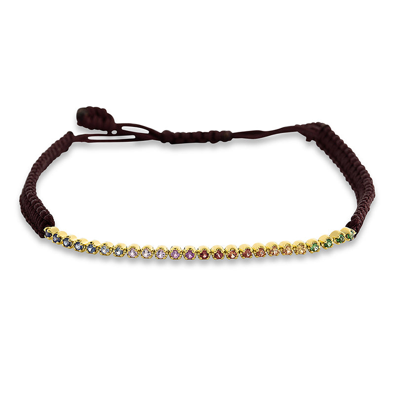 Armband 18 kt GG, brown cord 15,5 cm, 24 Saphire 0,33 ct fancy