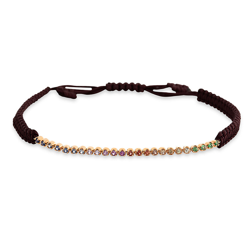 Armband 18 kt RG, brown cord 15,5 cm, 24 Saphire 0,30 ct fancy