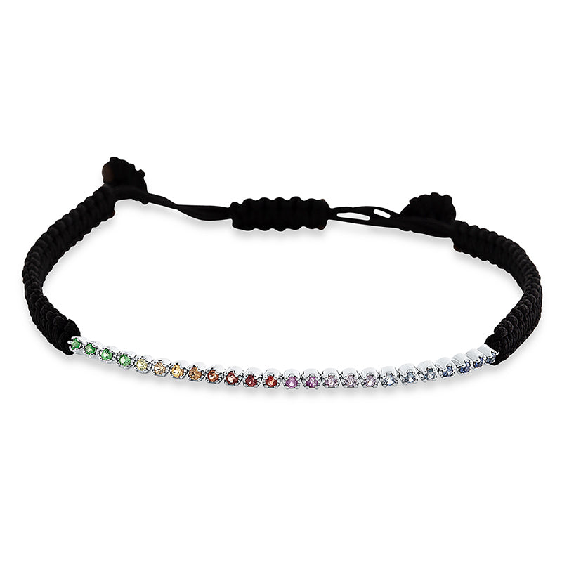 Armband 18 kt WG, black cord 15,5 cm, 24 Saphire 0,32 ct fancy