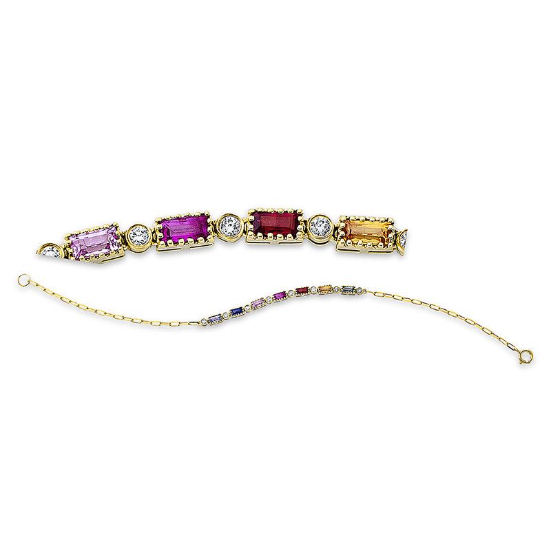 Armband 18 kt GG, 8 Brill. 0,15 ct, TW-si, 7 Saphire 1,10 ct fancy