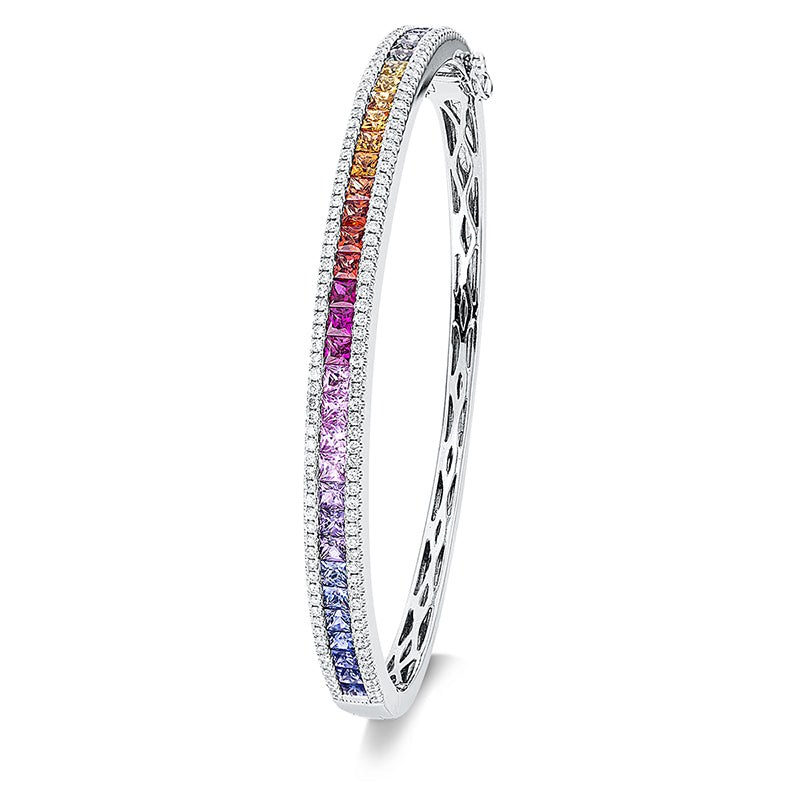 Armreif 18 kt WG, 144 Brill. 73,00 ct, TW-si, 34 Saphire 3,42 ct multicolor