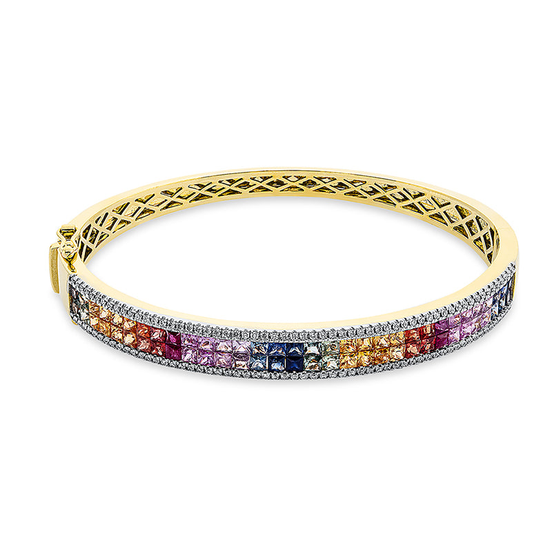 Armreif 18 kt GG, Fassung rhodiniert, 118 Brill. 0,62 ct, TW-si, 64 Saphire 4,95 ct fancy