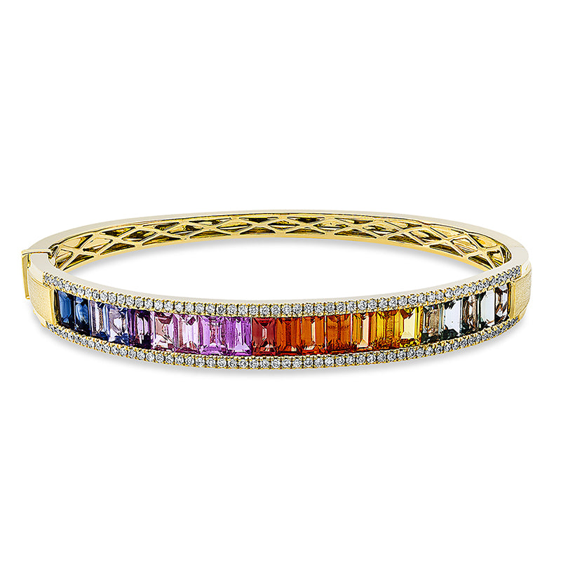 Armreif 18 kt GG, 110 Brill. 0,58 ct, TW-si, 21 Saphire 7,33 ct fancy