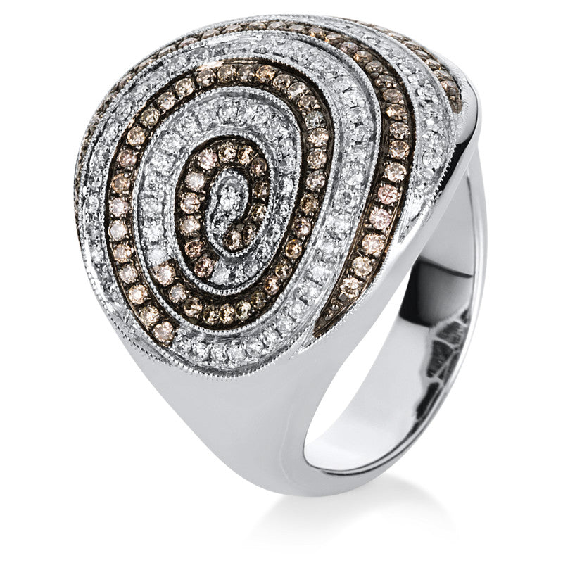 Ring 18 kt WG, schwarz rhodiniert, 90 Brill. 0,35 ct, W-si/pi, 94 Brill. 0,44 ct, braun