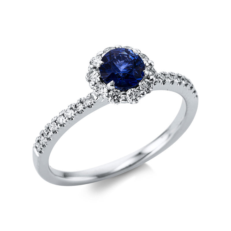 Ring 18 kt WG, 26 Brill. 0,33 ct, TW-si, 1 Saphir 0,60 ct blau