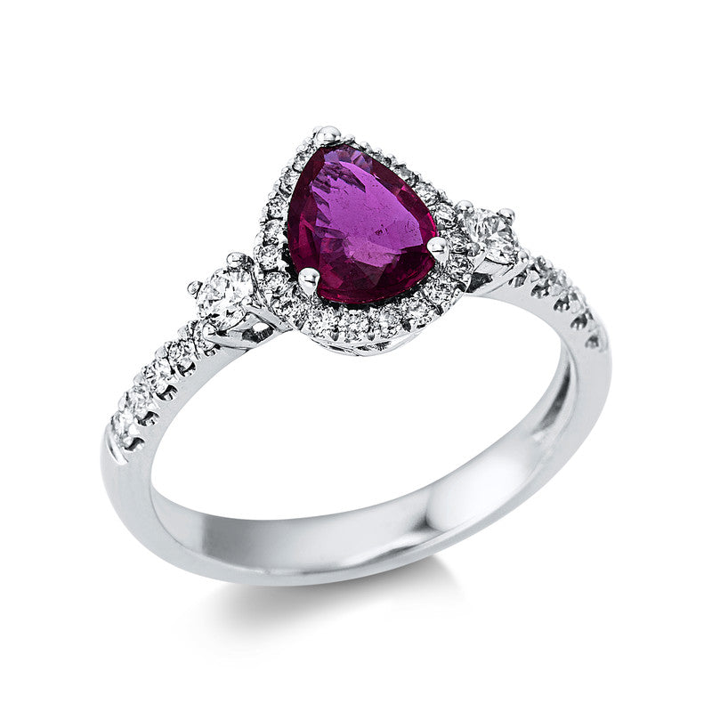 Ring 18 kt WG, 2 Brill. 0,13 ct, TW-si, 30 Brill. 0,25 ct, TW-si, 1 Rubin 0,92 ct rot