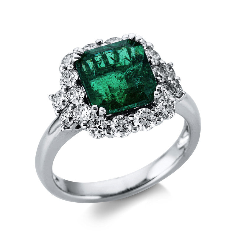 Ring 8er-Krappe 18 kt WG. 18 Brillanten 1.17 ct. W-si. 1 Smaragd 3.51 ct grün. Weite:53