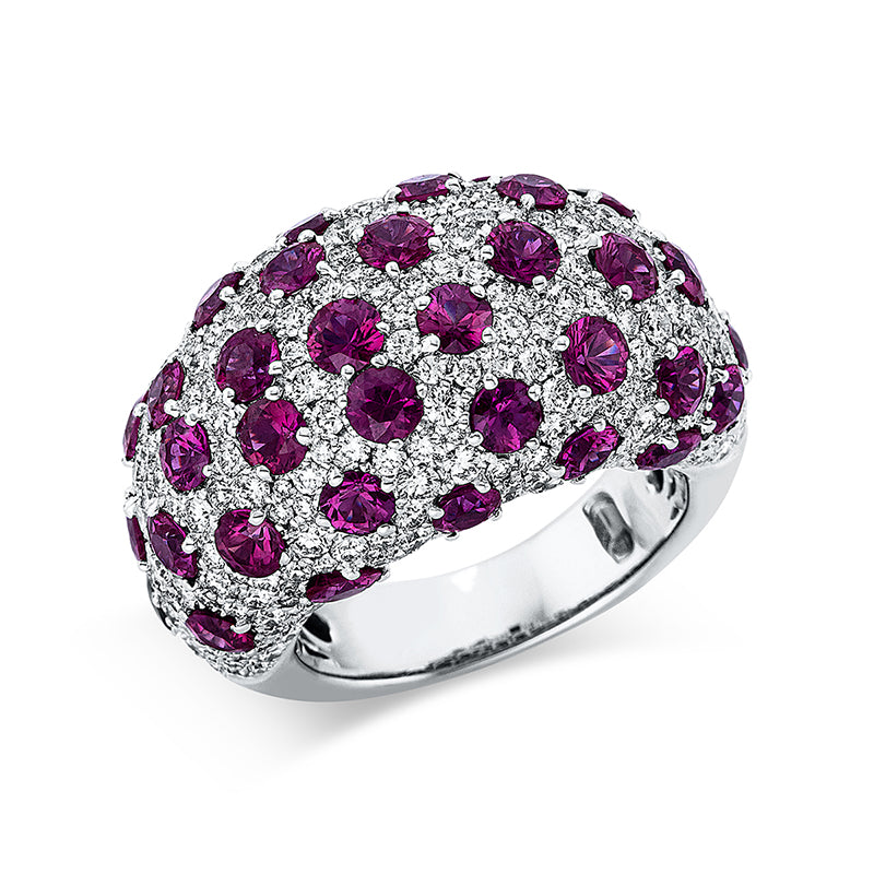 Ring 18 kt WG, 257 Brill. 2,81 ct, TW-vsi/si, 39 Rubine 5,81 ct rot
