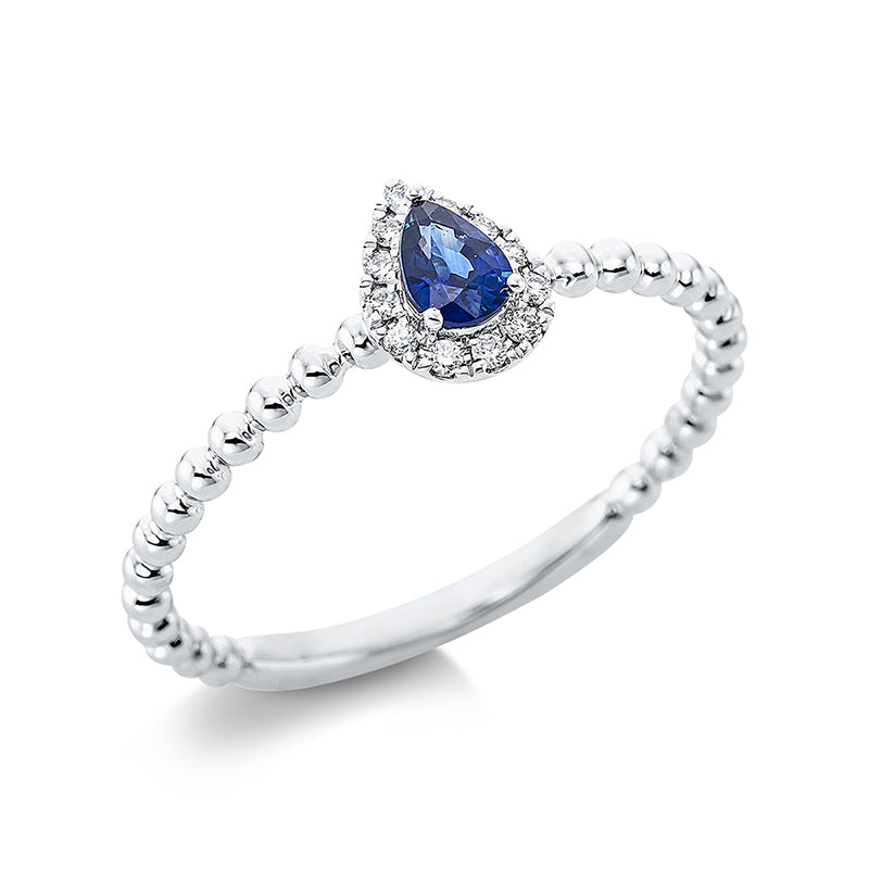 Ring 3er-Krappe 18 kt WG. 12 Brillanten 0.05 ct. TW-si. 1 Saphir 0.17 ct blau. Weite:53