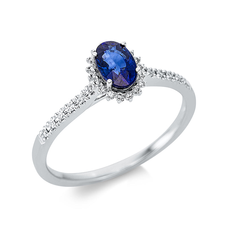 Ring 18 kt WG, 30 Brill. 0,11 ct, TW-si, 1 Saphir 0,61 ct blau