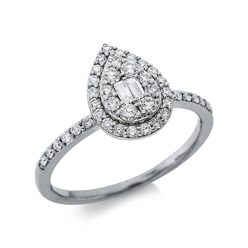 Ring 18 kt WG, 9 Brill. 0,16 ct, TW-si, 2 Bag. 0,05 ct, TW-si, 32 Brill. 0,23 ct, TW-si