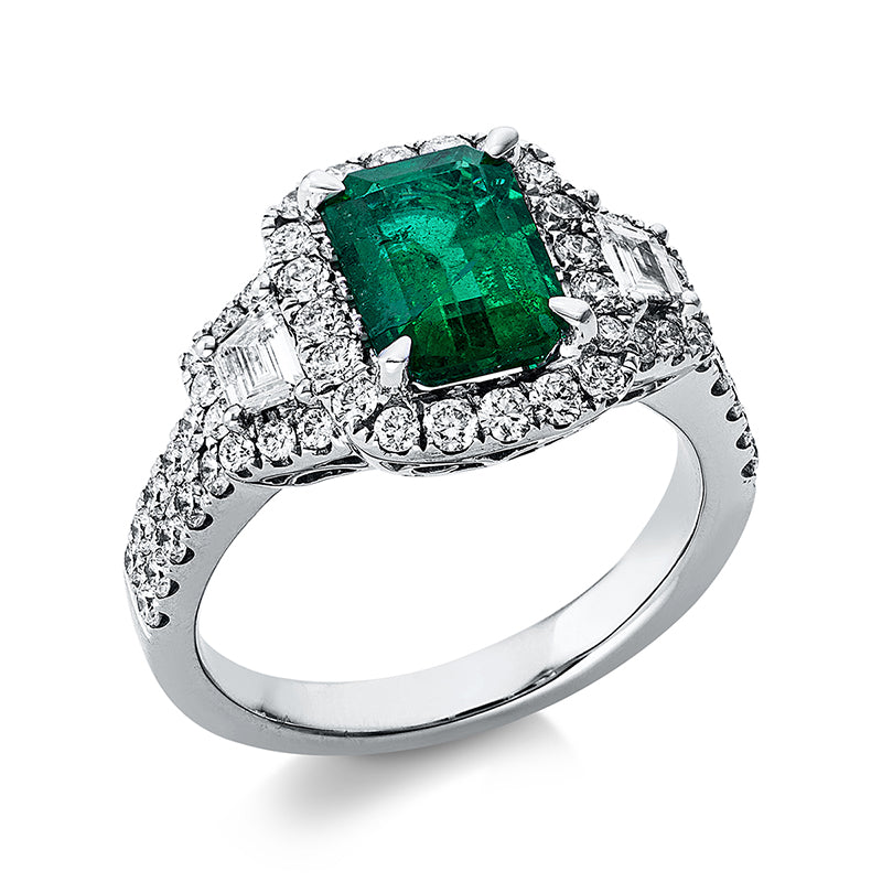 Ring 4er-Krappe 18 kt WG. GRS2019-086583. 2 Fant-Schl. 0.24 ct. TW-si. 56 Brillanten 0.90 ct. TW-si. 1 Smaragd 2.10 ct grün. Weite:54